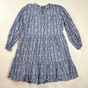 Madison Mathews Dress Women XL Blue Medallion Tiered Boho Coastal Preppy Peasant